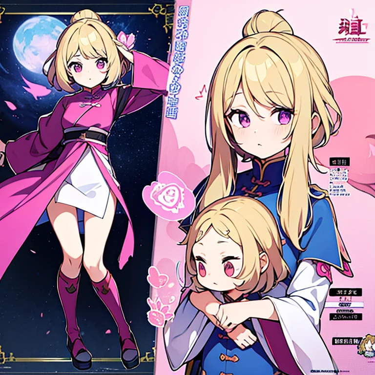 Personagem feminino,cabelo longo,cheio e ondulado de cor castanho escuro, seus olhos castanhos escuro, cor da pele parda, de cores das veste branca, with pink and lilac details, em desenho flores, a female character and is a bomb master who is from china in the medieval period Model sheet.