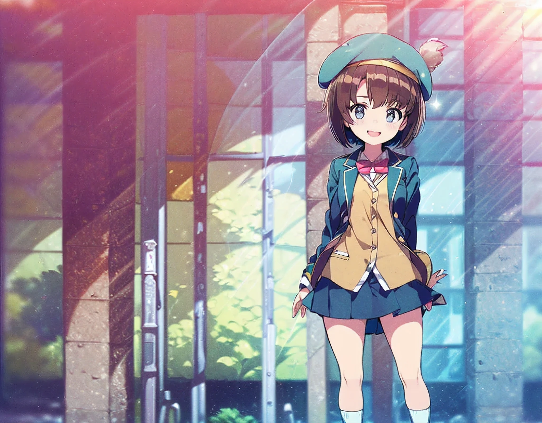 ((masterpiece), (highest quality)), ((((alone)))), (((full body display))),(((standing pose))),(((looking at the viewer))) ,brown hair, (((short cut hair))), (((beret))), (((high ))), beautiful girl, odd eye, Happy, smile, dynamic angle,(((modern clothes)))