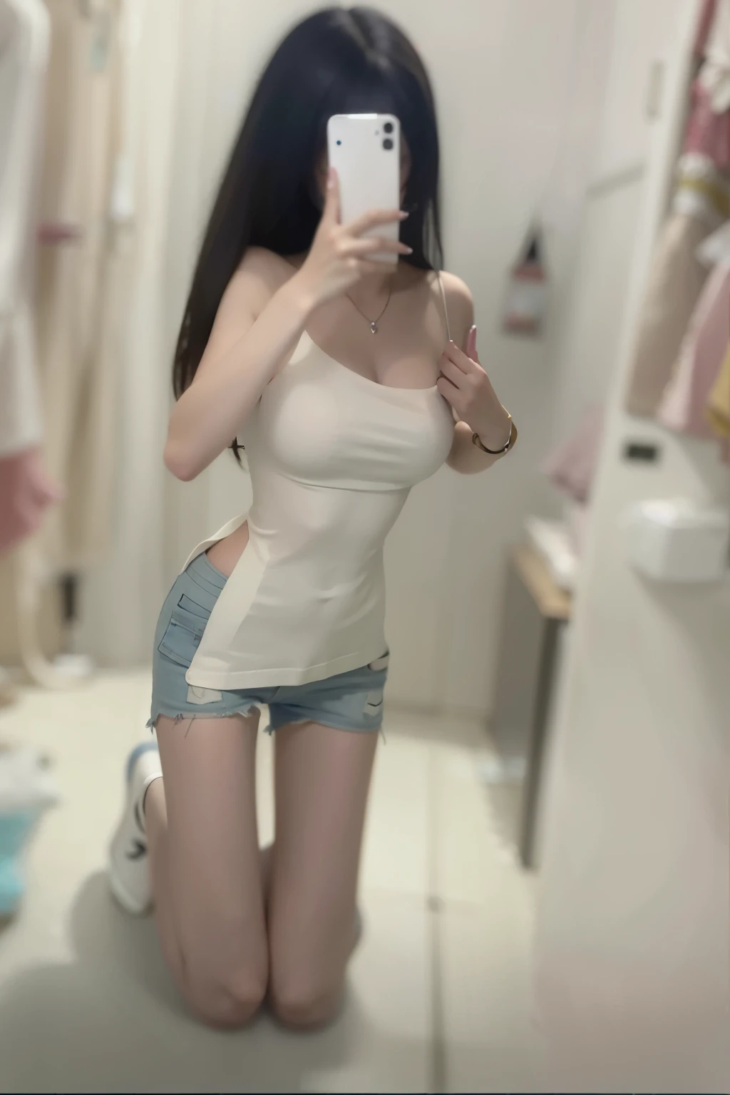 There is a woman taking a selfie in the mirror, Photos of slim girls, Photos of slim girls model, 24 year old female model, sexy body, mid body shot, Full and very thin figure, 1 8 yes, slender figure, sexy look, sexy girl, attractive body, Perfect body, Half body photo, whole body;, Amaranth, waist shot