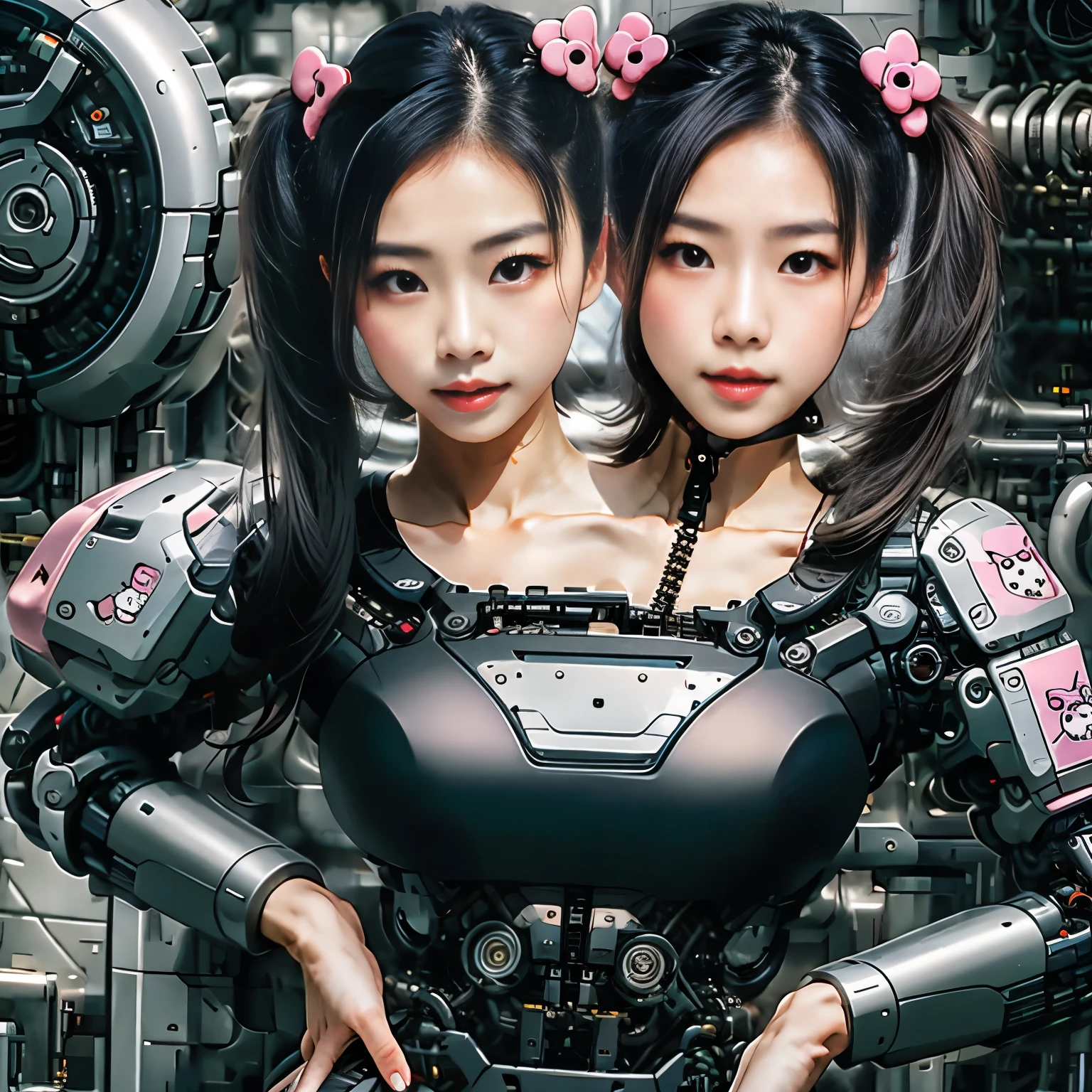 best resolution, 2heads, asian cyborg woman with two heads, pigtails hair, pink robot body, hello kitty stickers, mechanical background