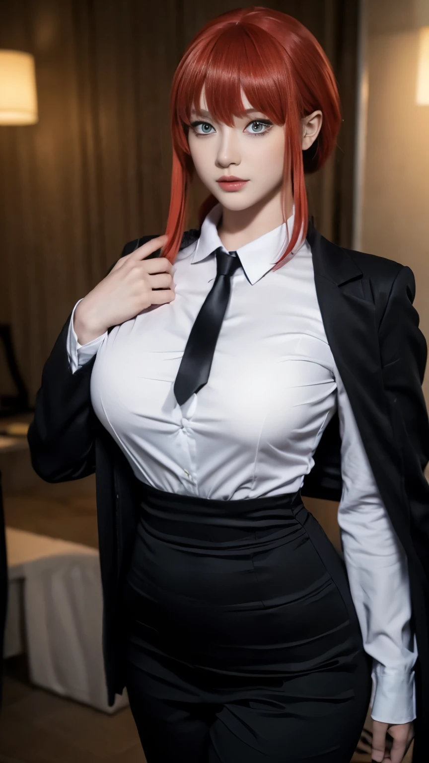 , ((anime cosplay)), 1 girl, wide range photoshoot, wide range, (milf), beautiful face, clear face, ((hot body)), ((makima dress)), Wearing office suit, ((white full sleeve shirt and black full leg black pant)), wearing tie, black pant, ((chainsaw man)), ((assassin suit dress)), ((cosplay dress)), ((((Huge breasts: 0.8)))), ((no breasts)), coverd, (((Realistic))), ((well dressed)), waist curve pose, front side, (8k, RAW photo, top quality, masterpiece), (Realistic, photorealistic: 1.9), ((Full body shot)), stylish pose, ((Highly detailed skin: 1.2)), ((Realistic: 1.9)), Photos, masterpieces, top quality, (beautiful blue eyes, gorgeous red hair, white skin, thick body, lower abdomen bristles, perfect slim figure), various poses, ultra-detailed face, detailed eyes, a lot of people are looking at her with excitement, (((no close-up)))