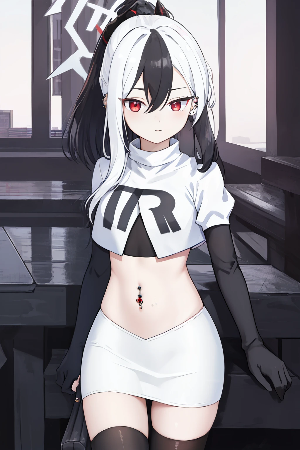 best quality, masterpiece, highres, solo, {kayoko_bluearchive:1.15}, black_hair, multicolored_hair, white_hair, horns, two-tone_hair, red_eyes, bangs, halo, piercing, hair_between_eyes, ear_piercing, ponytail, blush, earclip, long_hair, team rocket,team rocket uniform, red letter R, white skirt,white crop top,black thigh-highs,black elbow gloves
