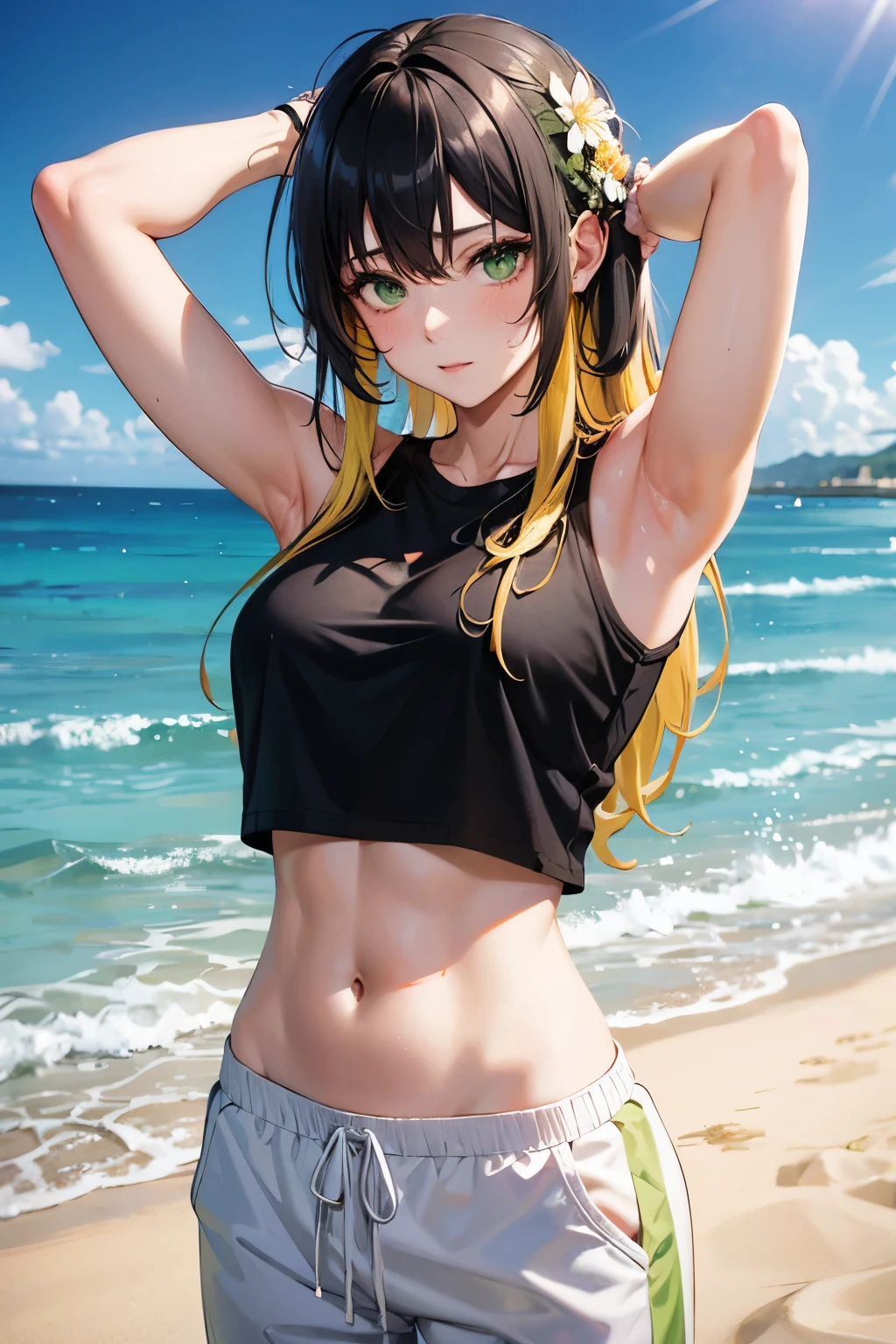 Yellow hair girl, long messy hair, black hair highlights, green eyes, black cropped shirt, with for flower, white sweatpants, madure muscle aesthetic body, in beach