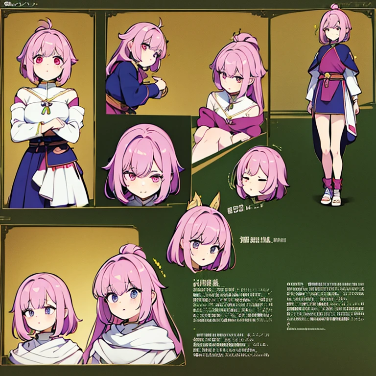 Personagem feminino,cabelo longo,cheio e ondulado de cor castanho escuro, seus olhos castanhos escuro, cor da pele parda, de cores das veste branca, with pink and lilac details, em desenho flores, an anime style female character and a bomb master who is from china in the medieval period Model sheet.