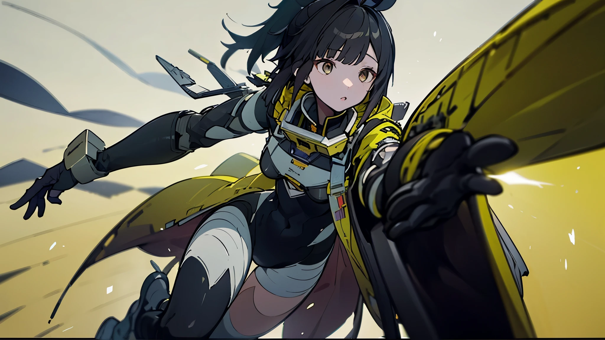 SIRIS, yellow_tactical_jacket, bodysuit_under_clothes, black_gloves, uneven_legwear, thigh_strap, hair_ornament, black_boots, black_hair, ponytail, ahoge, yellow_eyes, Battlefield, Mech, Robot, Debris, ((Best quality)), ((masterpiece)), 3D, HDR (High Dynamic Range),Ray Tracing, NVIDIA RTX, Super-Resolution, Unreal 5,Subsurface scattering, PBR Texturing, Post-processing, Anisotropic Filtering, Depth-of-field, Maximum clarity and sharpness, Multi-layered textures, Albedo and Specular maps, Surface shading, Accurate simulation of light-material interaction, Perfect proportions, Octane Render, Two-tone lighting, Wide aperture, Low ISO, White balance, Rule of thirds,8K RAW, Aura, masterpiece, best quality, Mysterious expression, magical effects like sparkles or energy, flowing robes or enchanting attire, mechanic creatures or mystical background, rim lighting, side lighting, cinematic light, ultra high res, 8k uhd, film grain, best shadow, delicate, RAW, light particles, detailed skin texture, detailed cloth texture, beautiful face, (masterpiece), best quality, expressive eyes, perfect face,nikkeredhood,hair over one eye,marian,Scarlet (nikke),hellsparadise style,fuyumi