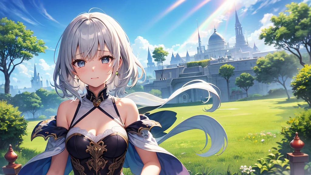 super high quality, with a girl, 20-year-old, very short hair, long bangs between the eyes, gray eyes , blue sky, sunlight, very detailed,(masterpiece、highest quality)、alone、gray hair、laughter、fantasy, silver hair, black eye, beautiful eyes,, ecstasy, charm, be smitten with audience, fantasyな風景、Princess、white clothes、crying face