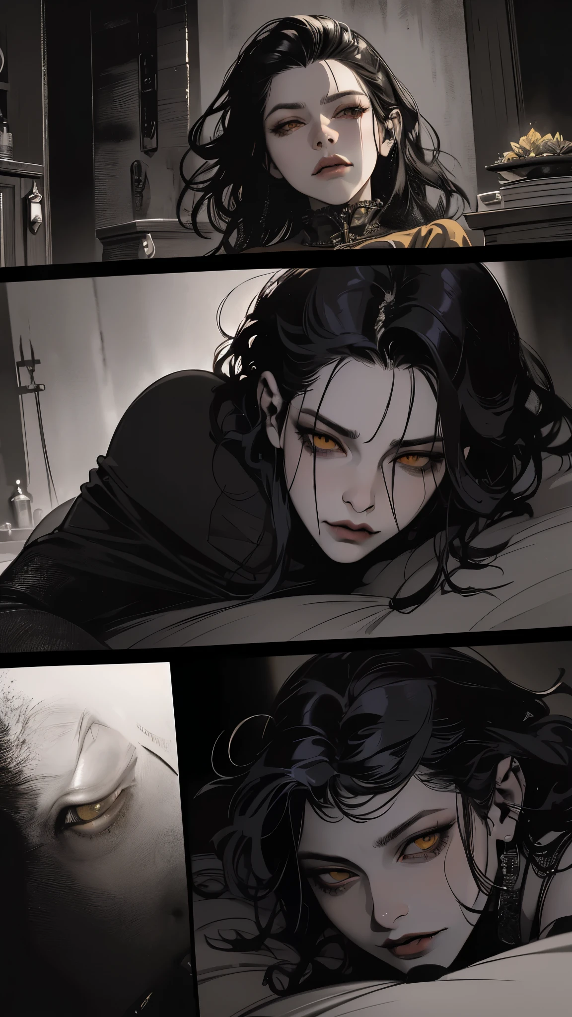 high detail, masterpiece, dramatic lighting(absurdres, highres, ultra detailed), extremely detailed CG unity 8k. mature face, adult woman, woman, mature woman, piercings, short wavy black hair and bangs, fangs, yellow eyes, black modest clothing, mad expression, full body, blood