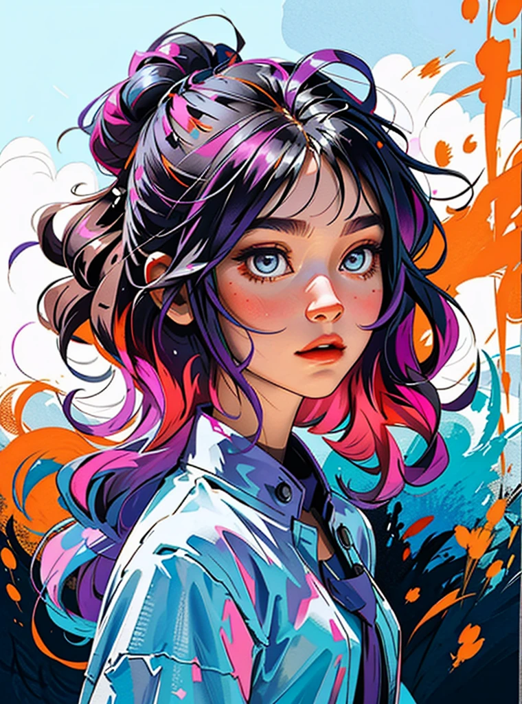 Vibrant colors, flou artistique, light leaks, Ambiance onirique, experimental charm, attrait nostalgique BREAK color field painting, Large expanses of colour, expressionnisme abstrait, audacieux teintes, emotional impact, atmospheric depth, approche minimaliste BREAK, Une belle fille, UHD (ultra details) Regarder le spectateur en tenue de ville de style hip-hop, different, colourfull, long, Highly colored hair 🌈, dark garments, White stardust on dark parts, absurdes, high resolucion, Ultra detailded, (1fille : 1.3), Vibrant colors, flou artistique, light leaks, Ambiance onirique,