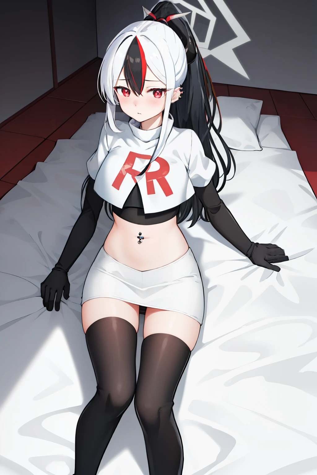 best quality, masterpiece, highres, solo, {kayoko_bluearchive:1.15}, black_hair, multicolored_hair, white_hair, horns, two-tone_hair, red_eyes, bangs, halo, piercing, hair_between_eyes, ear_piercing, ponytail, blush, earclip, long_hair, team rocket,team rocket uniform, red letter R, white skirt,white crop top,black thigh-highs,black elbow gloves