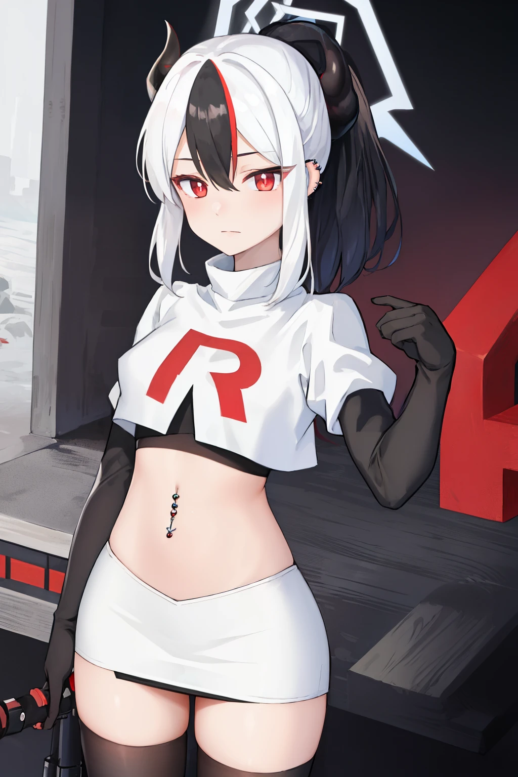 best quality, masterpiece, highres, solo, {kayoko_bluearchive:1.15}, black_hair, multicolored_hair, white_hair, horns, two-tone_hair, red_eyes, bangs, halo, piercing, hair_between_eyes, ear_piercing, ponytail, blush, earclip, long_hair, team rocket,team rocket uniform, red letter R, white skirt,white crop top,black thigh-highs,black elbow gloves