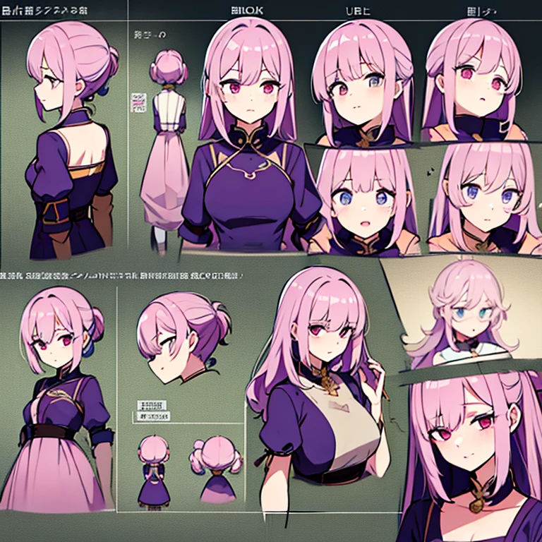 Personagem feminino,cabelo longo,cheio e ondulado de cor castanho escuro, seus olhos castanhos escuro, cor da pele parda, de cores das veste branca, with pink and lilac details, em desenho flores, a female character and is a bomb master who is from china in the medieval period Model sheet.