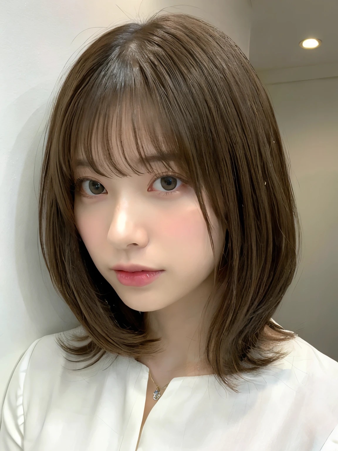 woman with long hair and white blouse, princess cut, Hair of medium length, shoulder length hair, shoulder length hair, medium hair, curtain bangs, brown color, short～medium hair, mid long hair, Rena name year style 3/4, kasumi arimura style 3/4、white wall、Taken in front of the white door、((窓のあるwhite wallの部屋))、Versatile poses、simple necklace、face down pose