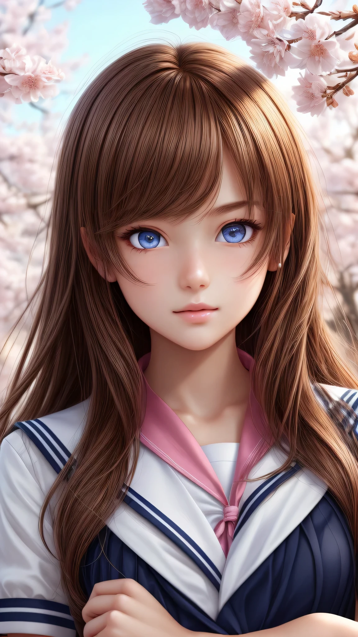 (1girl), (Best Quality:1.4), (Ultra-detailed), (extremely detailed CG unified 8k wallpaper), Highly detailed, High-definition raw color photos, Professional Photography, Peanut butter brown hair, Amazing face and eyes, Pink eyes, (amazingly beautiful girl), sailor uniform, school uniform, School, Spring, cherry blossoms,