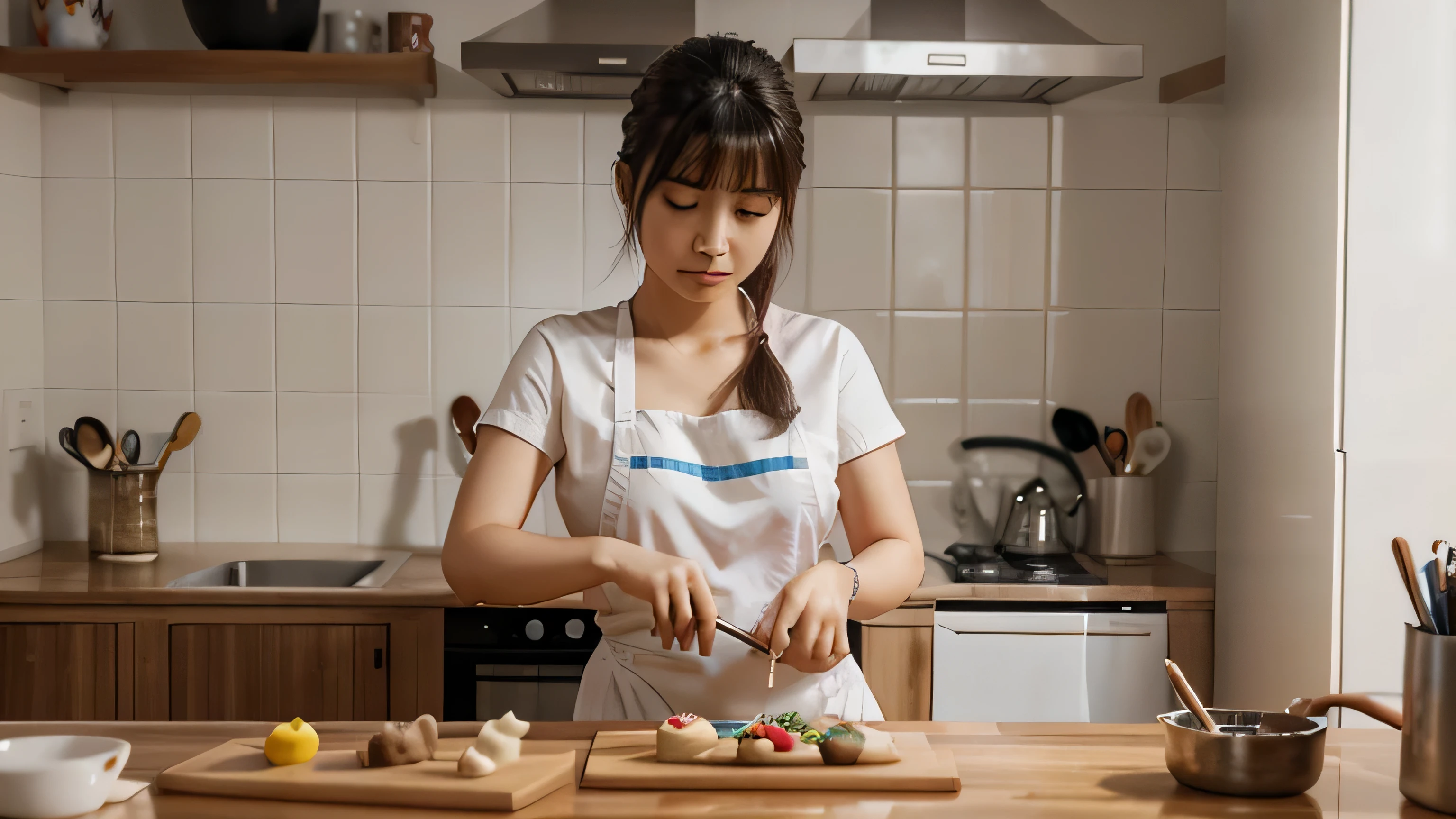 there is a woman em uma cozinha preparing food on a table, cooky, cooky it up, na cozinha, obras de arte no estilo de guweiz, realista artstyle, em uma cozinha, realista anime 3 d style, cooky show, linda arte digital, realism art style, super realista food picture, estilo de realismo de anime, realista. Cheng Yi, linda pintura de personagem