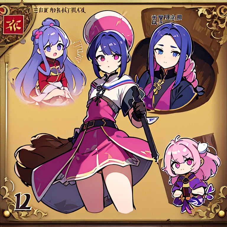 Personagem feminino,cabelo longo,cheio e ondulado de cor castanho escuro, seus olhos castanhos escuro, cor da pele parda, de cores das veste branca, with pink and lilac details, em desenho flores, a female character and is a bomb master who is from china in the medieval period Model sheet.