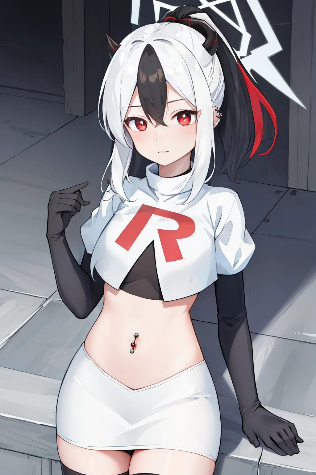 best quality, masterpiece, highres, solo, {kayoko_bluearchive:1.15}, black_hair, multicolored_hair, white_hair, horns, two-tone_hair, red_eyes, bangs, halo, piercing, hair_between_eyes, ear_piercing, ponytail, blush, earclip, long_hair, team rocket,team rocket uniform, red letter R, white skirt,white crop top,black thigh-highs,black elbow gloves