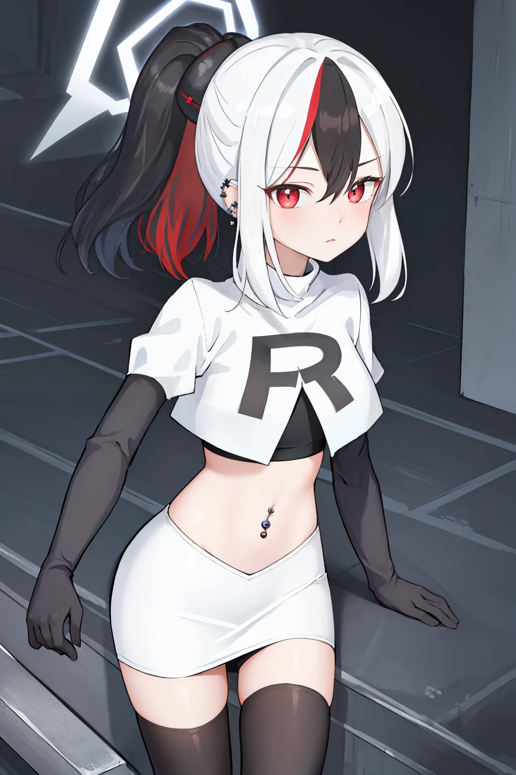 best quality, masterpiece, highres, solo, {kayoko_bluearchive:1.15}, black_hair, multicolored_hair, white_hair, horns, two-tone_hair, red_eyes, bangs, halo, piercing, hair_between_eyes, ear_piercing, ponytail, blush, earclip, long_hair, team rocket,team rocket uniform, red letter R, white skirt,white crop top,black thigh-highs,black elbow gloves