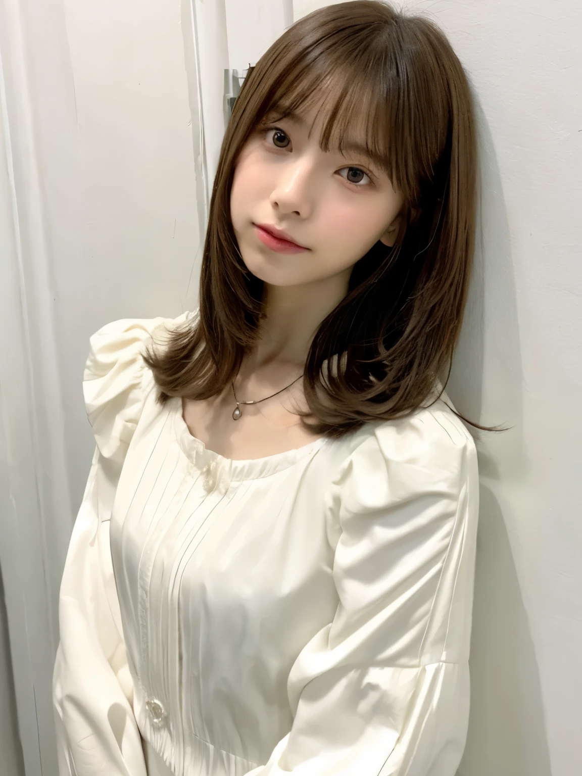 woman with long hair and white blouse, princess cut, Hair of medium length, shoulder length hair, shoulder length hair, medium hair, curtain bangs, brown color, short~medium hair, mid long hair, Rena name year style 3/4, kasumi arimura style 3/4、white wall、Taken in front of the white door、((窓のあるwhite wallの部屋))、Versatile poses、simple necklace、face down pose