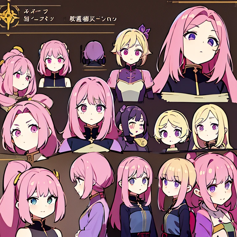 Personagem feminino,cabelo longo,cheio e ondulado de cor castanho escuro, seus olhos castanhos escuro, cor da pele parda, de cores das veste branca, with pink and lilac details, em desenho flores, an anime style female character and a bomb master who is from china in the medieval period Model sheet.