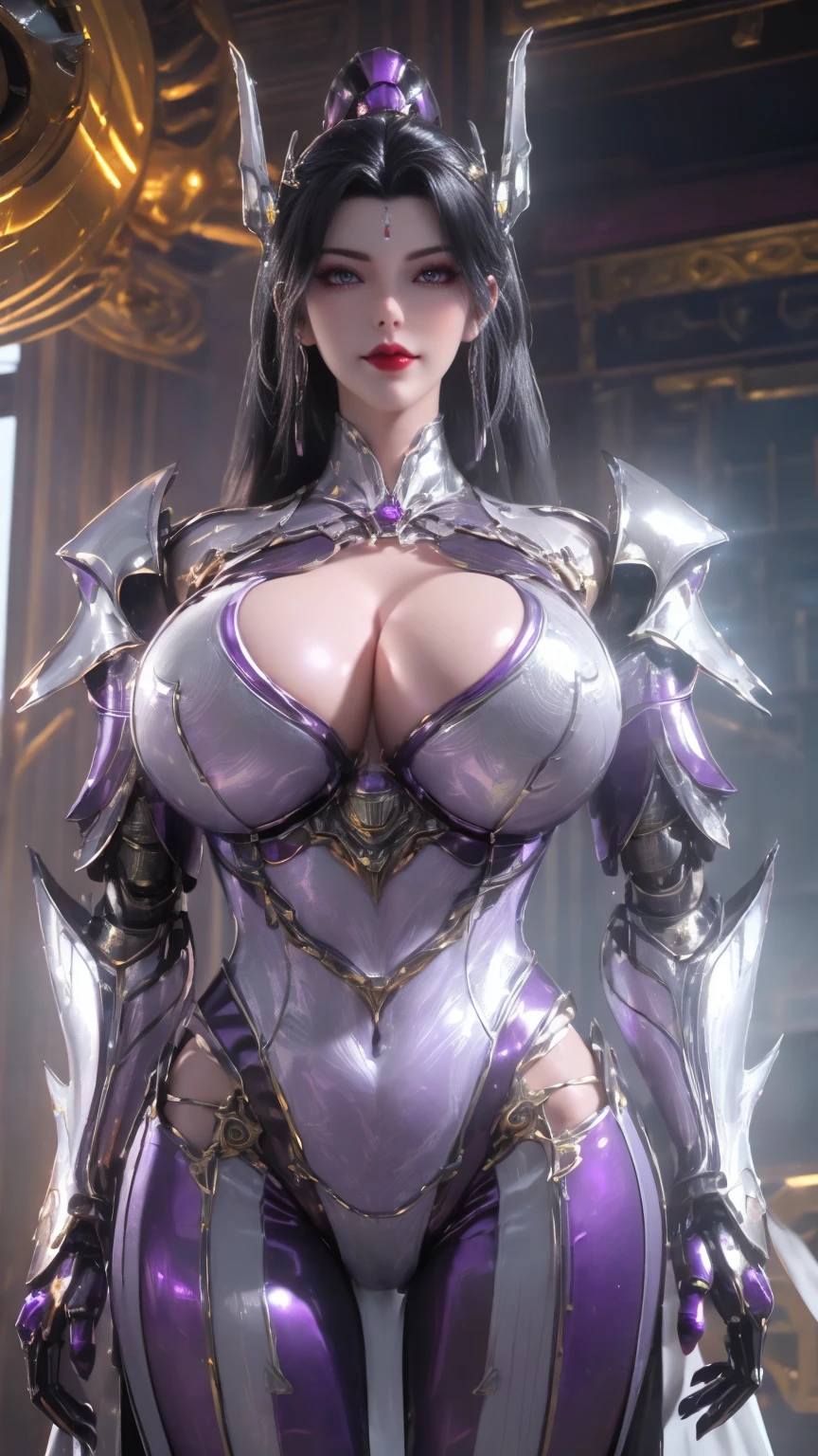 A BUSTY MILF, PORTRAIT,UPPER BODY,SOLO,(BEAUTY purple HAIR, GOLD DRAGON HORN), (MASSIVE FAKE BOOBIES,CLEAVAGE TOP,MUSCLE ABS:1.5), ((WEARING OUTFIT (LED PURPLE, WHITE, BLACK) SHINY ROBOT MECHANICAL BIKINI ARMOR:1.5)),(CURVY VOLUPTUOUS BODY MATURE WOMAN:1.5), (SWEATY GLOSSY BODYSKIN:1.5), (LOOKING AT VIEWER:1.5),(BACKGROUND FUTURISTIC SPACE STATION:1), (PHOTOREALSITIC:1.4), (ULTRA-DETAILLIERT), (TOP-QUALITY), (BEST SHADOWS), BRIGHT LIGHT IN ROOM, HYPER TEXTURE, (4X MSAA), ((UNREAL ENGINE 5 RENDER)), PHYSICALLY-BASED RENDERING, ULTRA HIGHT DEFINITION, 16K, 1080P.
