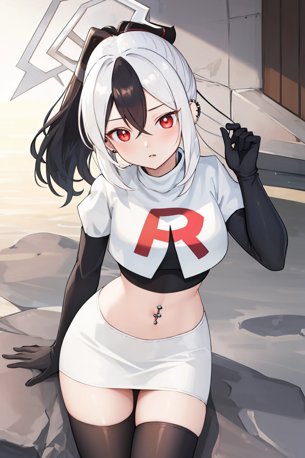 best quality, masterpiece, highres, solo, {kayoko_bluearchive:1.15}, black_hair, multicolored_hair, white_hair, horns, two-tone_hair, red_eyes, bangs, halo, piercing, hair_between_eyes, ear_piercing, ponytail, blush, earclip, long_hair, team rocket,team rocket uniform, red letter R, white skirt,white crop top,black thigh-highs,black elbow gloves