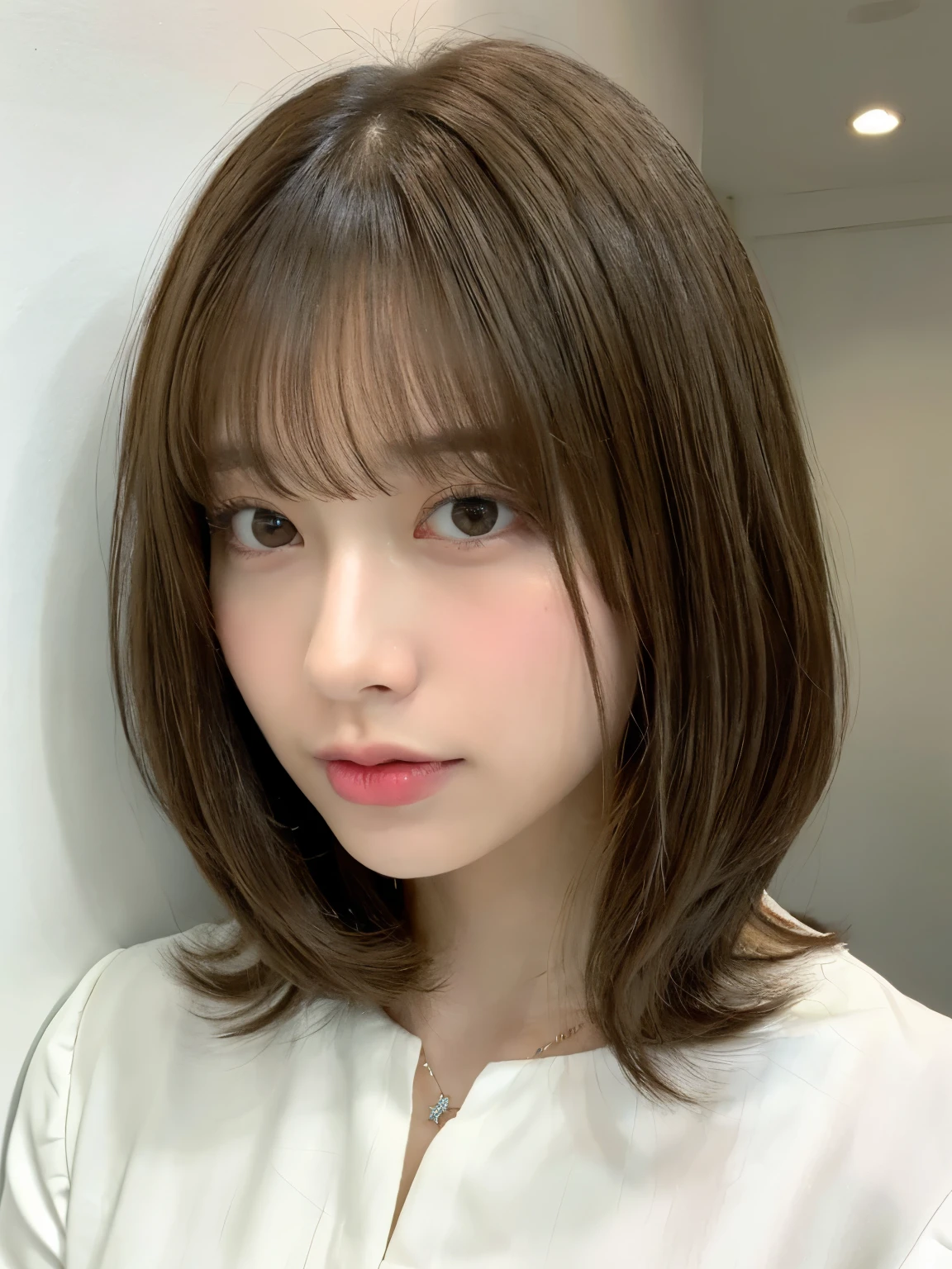 woman with long hair and white blouse, princess cut, Hair of medium length, shoulder length hair, shoulder length hair, medium hair, curtain bangs, brown color, short~medium hair, mid long hair, Rena name year style 3/4, kasumi arimura style 3/4、white wall、Taken in front of the white door、((窓のあるwhite wallの部屋))、Versatile poses、simple necklace、face down pose