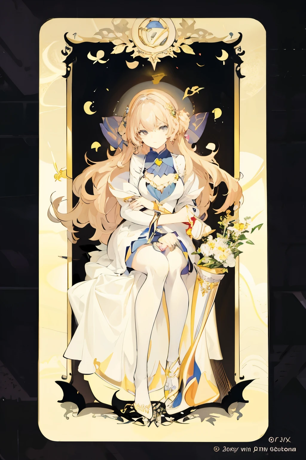 a close up of a tarot cards card with a woman holding a flower, high detail + tarot cards card, [ tarot cards card ]!!!!!, anime art nouveau, tarot cards card the empress, tarot cards card design, the sailor galaxia. beautiful, tarot cards design, the empress tarot cards card, anime art nouveau cosmic display, Full card design, tarot cards card, tarot cards card style, tarot cards!!