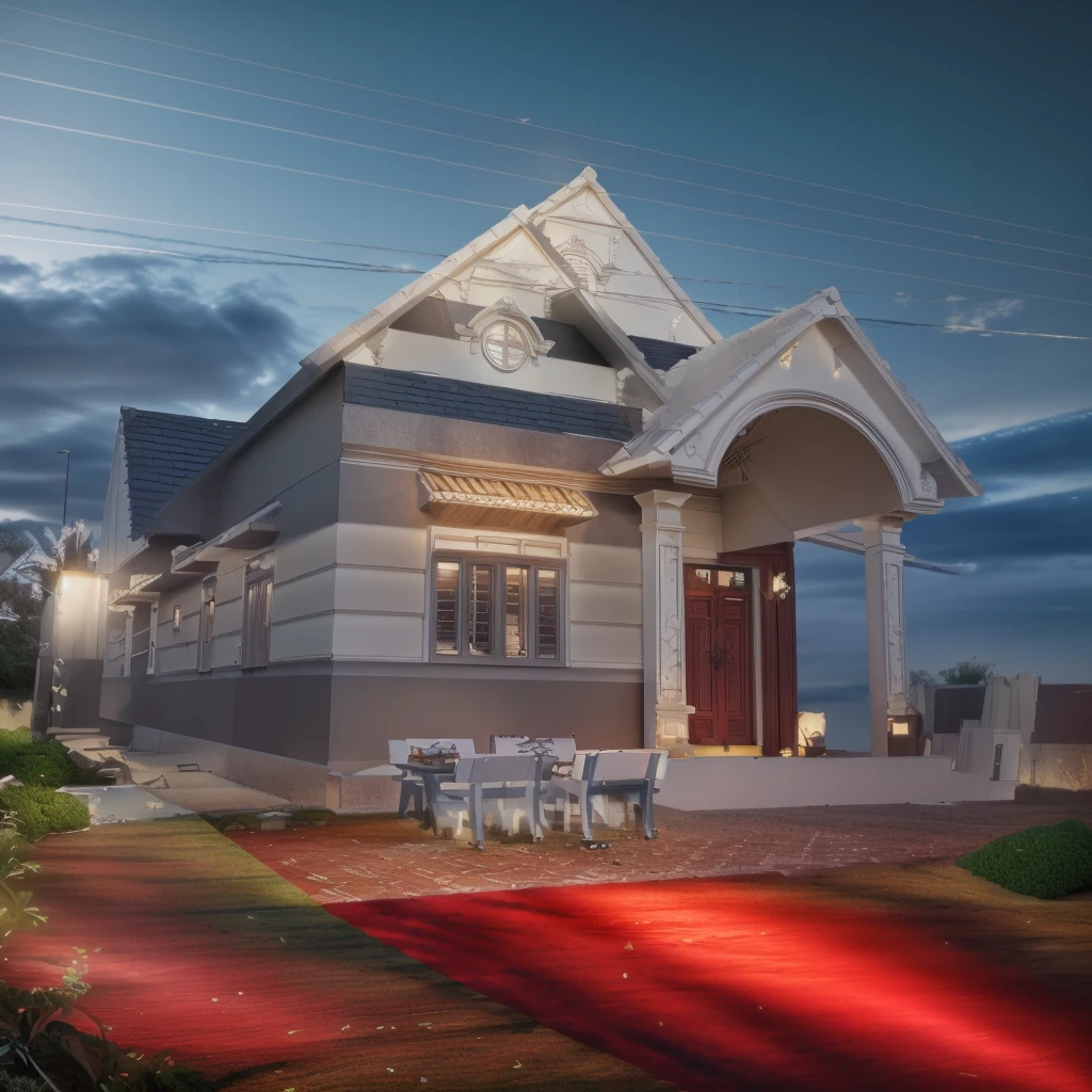 Garden villa, with swimming pool, garden in neoclassical styleClassical style,Neoclassical alloy gate fence, masterpiece, surreal, rendered by Vray 2023, Vantage, rendered 8k, 16k, ultra HD, iron patterned railings, Gray aluminum doors and windows, Natural light, cloudy, daylight, fence around the house, 16K