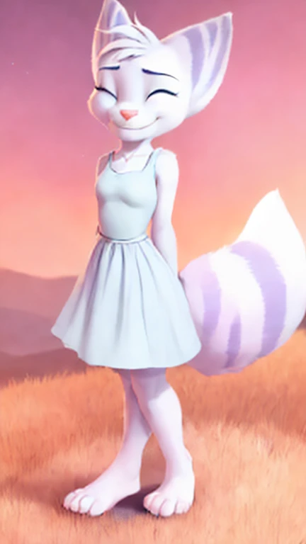 Furry Rivetlombax posing in an open field. (((She’s wearing a light blue sundress with a knee length skirt.))) (((Her tail emerges from a small hole in her dress.))) (((She is shown with two human feet, each with five toes.))) (((Her fluffy tail must be visible.))) (((She is shown doing a curtsy with a smile and her eyes closed.))) (((She is doing a curtsy with her hands holding her skirt and bowing slightly.))) (((She is curtsying as if she is before royalty.)))