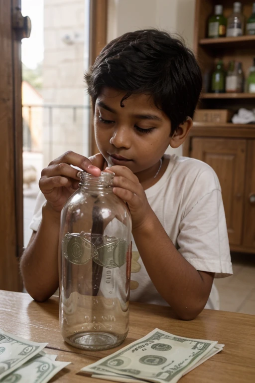 A a Indian boy grabbing a life savings bottle with money sad