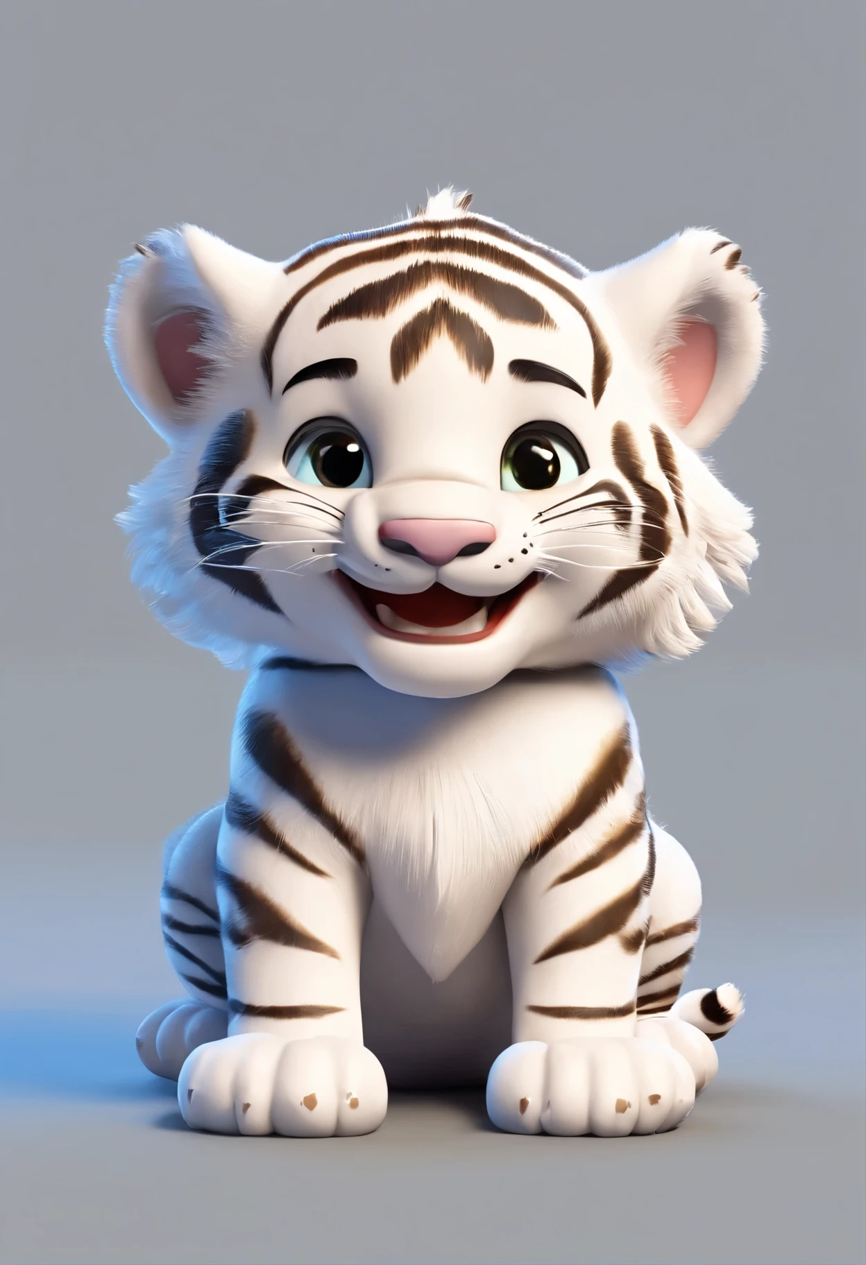 Smiling white tiger cub, sitting on feet,  Illustration, sorriso insano, Homem de pele marrom com um sorriso gigante, happily smiling at the camera, sorriso atrevido, he's smiling, sorriso muito grande, Macho sorridente, foto de perfil headshot, rindo sorriso enorme, desenhando no estilo de Arte 3D, c4d, fundo de cor branco puro, estilo disney, estilo pixar render ilustracao Super Detalhe, 8k