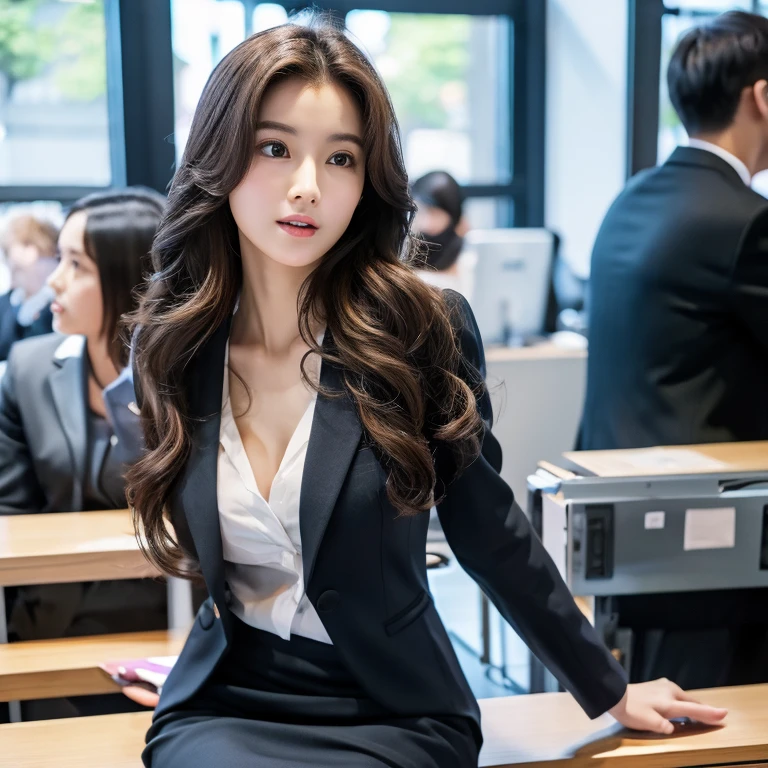 highest quality, super detailed, finely, High resolution, 8k wallpaper, perfect dynamic composition、highest quality,super detailed,young and thin、realな容姿、 detailed eyes and lips, sexy face、10th generation、whole body、plump breasts、open your mouth a little、real、Navel exposed、open legs、long hair、Wavy hair、1 person、suit、Provocative、Half-taken skirt、office、company、