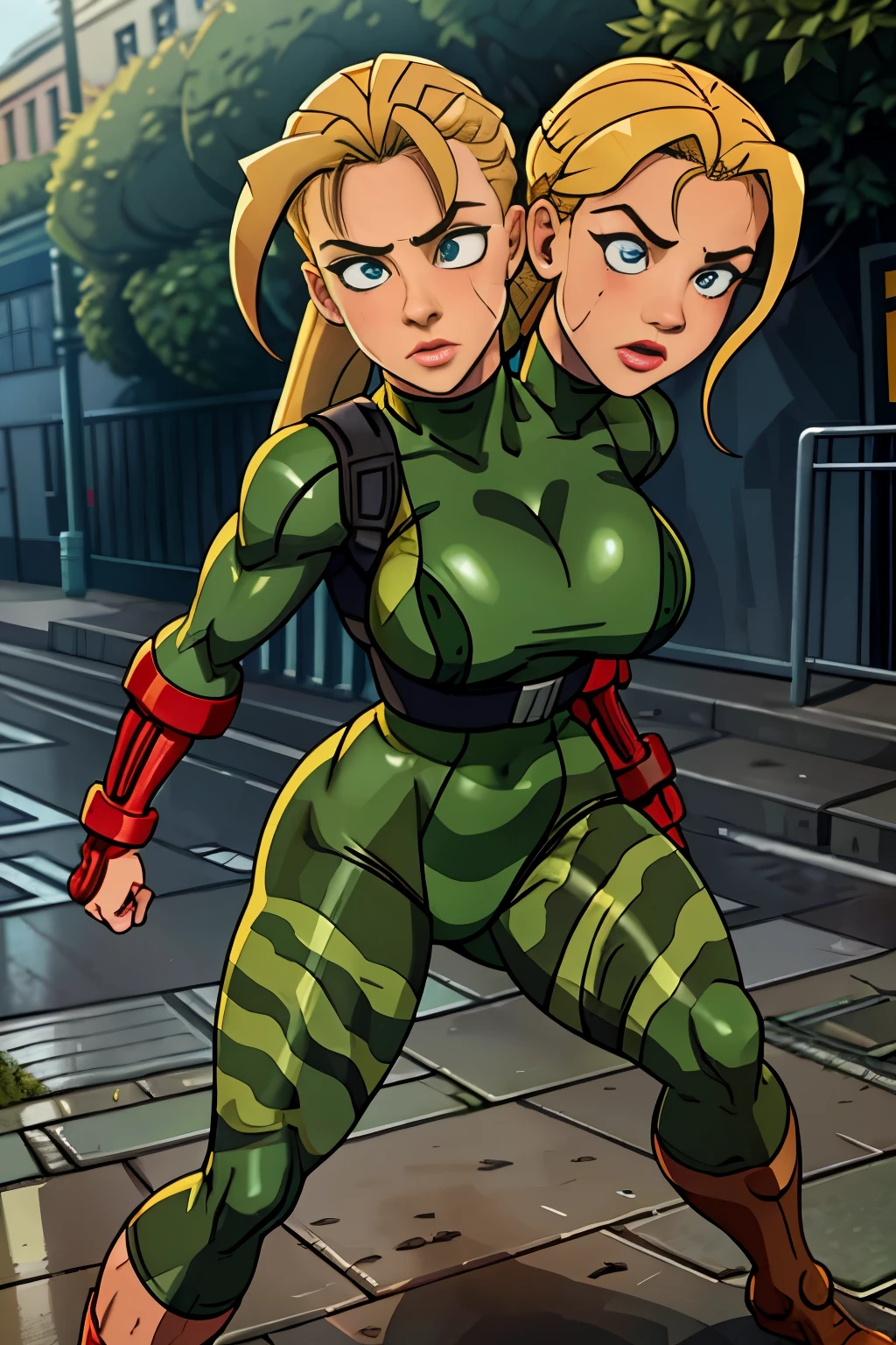 masterpiece, best quality, , blonde hair, outdoor, action shot,whole body, ((Cammy)) Cammy of street fighter. good hands, big breasts, sweaty skin, cammy white.((2heads)), conjoined dicephalus,very wet skin, doing a split, wearing cammo outfit