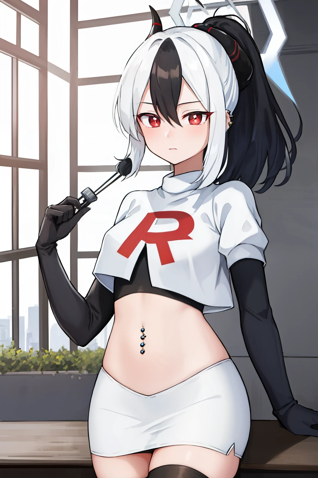 best quality, masterpiece, highres, solo, {kayoko_bluearchive:1.15}, black_hair, multicolored_hair, white_hair, horns, two-tone_hair, red_eyes, bangs, halo, piercing, hair_between_eyes, ear_piercing, ponytail, blush, earclip, long_hair, team rocket,team rocket uniform, red letter R, white skirt,white crop top,black thigh-highs,black elbow gloves