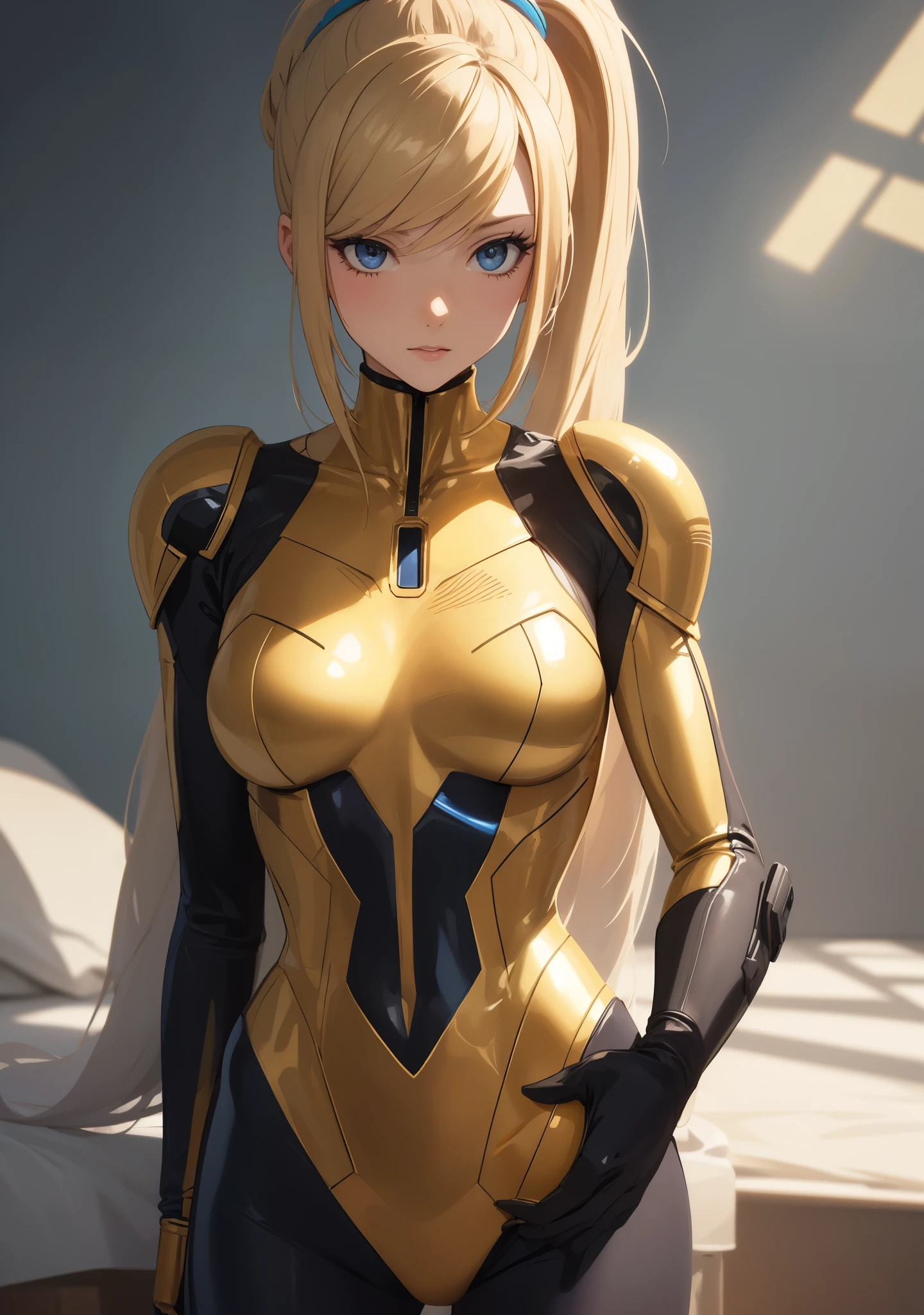 (anime,masterpiece, top quality, best quality,beautiful and aesthetic:1.2,professional illustrasion:1.1,ultra detail:1.3, official art, professional illustrasion, Ultra-detailed depiction, Ultra-precise depiction, extremely detailed 8k illustration, highres, ultra detailed painting, soft shadows), (girl), samus aran \(cosplay\), cool beauty, milf, glossy, (golden long hair), (ponytail), big breasts, perfect body, pubic hair, blue samus aran suit,