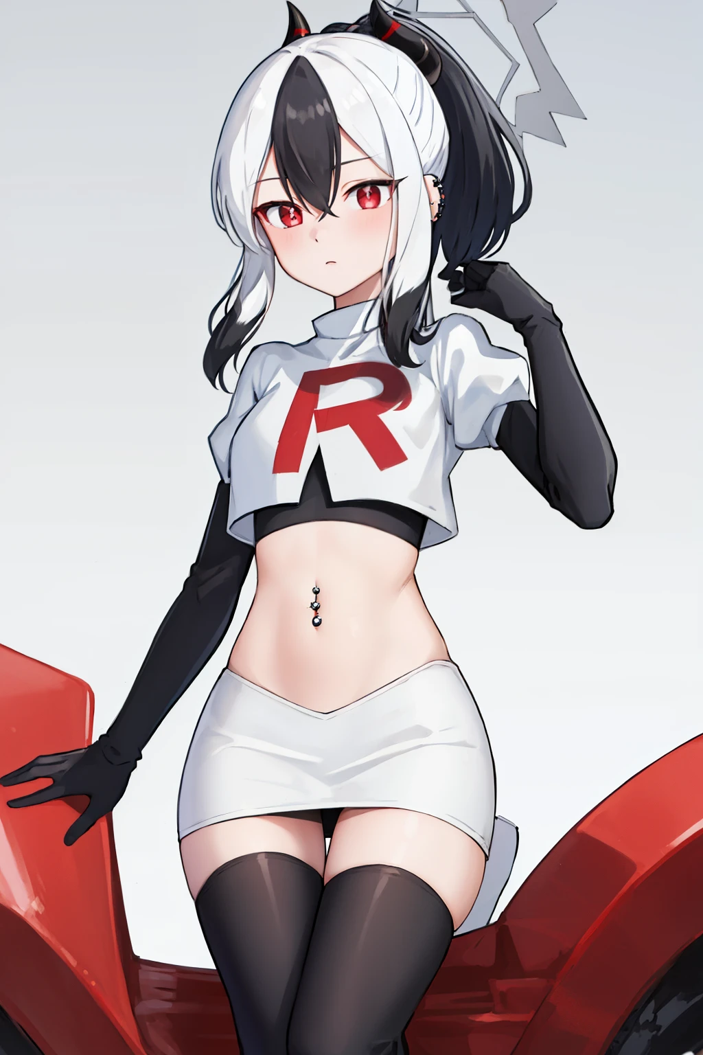 best quality, masterpiece, highres, solo, {kayoko_bluearchive:1.15}, black_hair, multicolored_hair, white_hair, horns, two-tone_hair, red_eyes, bangs, halo, piercing, hair_between_eyes, ear_piercing, ponytail, blush, earclip, long_hair, team rocket,team rocket uniform, red letter R, white skirt,white crop top,black thigh-highs,black elbow gloves