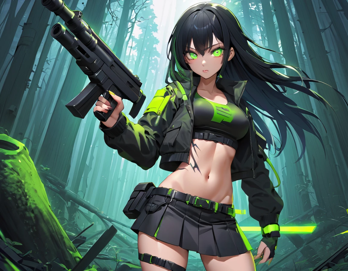 1 girl, solo, long_hair, bangs_between_the_eyes black_hair_with_shake_green, bi_color_
green_neon eyes, sexy_face, gun_in_hand, right_hand, cyberpunk_clothes, short_jacket, navel appears, short_skirt, scarred_legs, left_arm_band, tattoo_above_navel_background_of_abandoned_forest, manga_style_image .