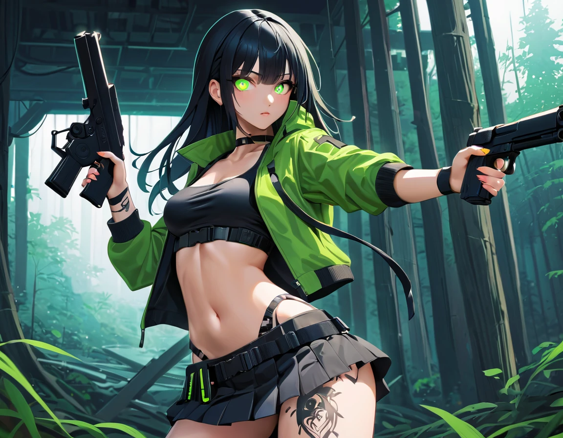 1 girl, solo, long_hair, bangs_between_the_eyes black_hair_with_shake_green, bi_color_
green_neon eyes, sexy_face, gun_in_hand, right_hand, cyberpunk_clothes, short_jacket, navel appears, short_skirt, scarred_legs, left_arm_band, tattoo_above_navel_background_of_abandoned_forest, manga_style_image .
