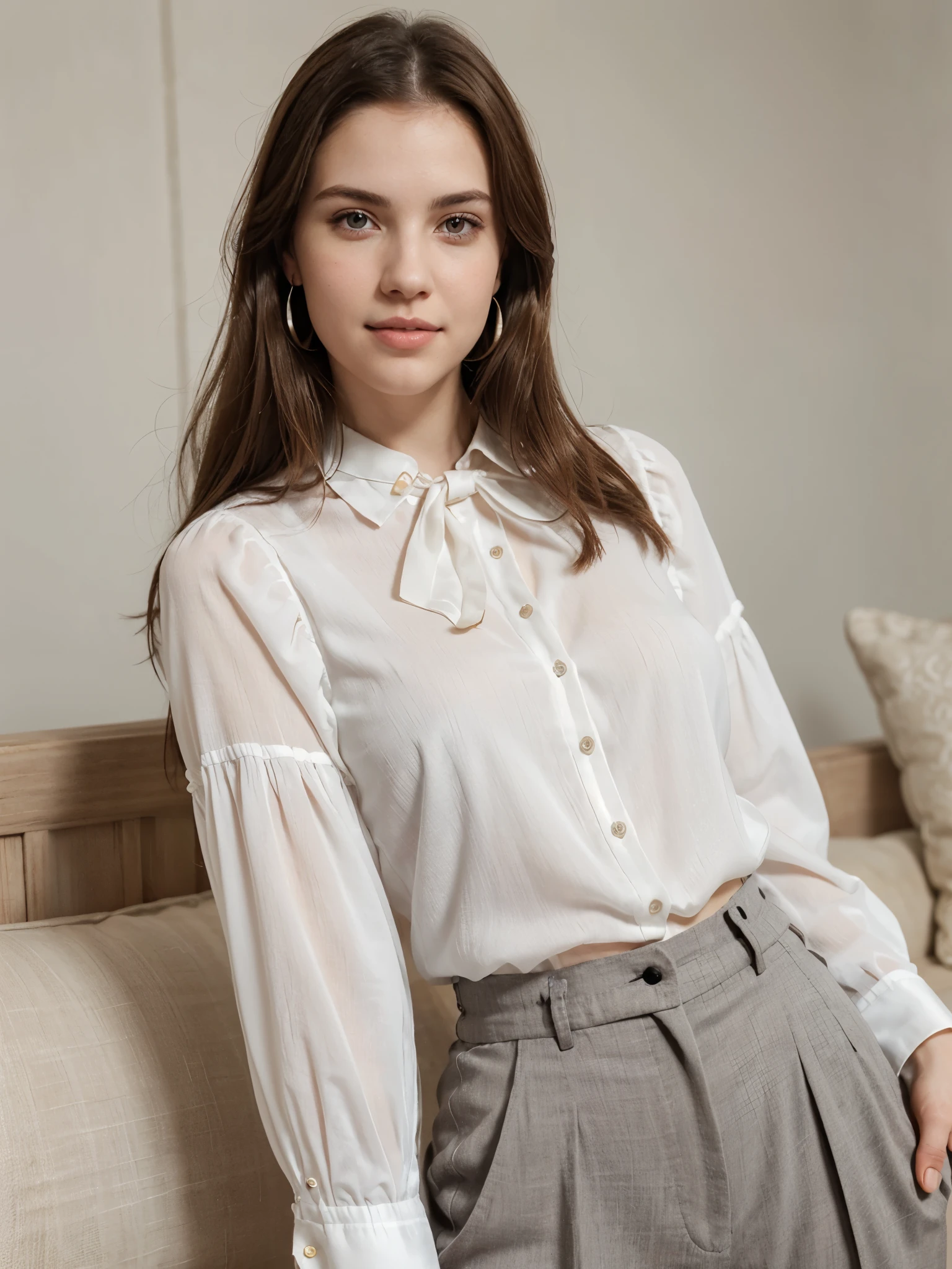 there is a woman Isabella Duvall (((with a blouse and pants))) with a very pretty face posing for a picture, beautiful face and flawless skin, woman with porcelain skin, young woman's face, young beautiful face, youthful face, prominent cheekbones, beautiful face woman, beautiful delicate face, smooth facial features, beautiful young face, young female face, smooth porcelain skin, beautiful fine face features, young beautiful woman, brown hair, grey eyes, overbite, french girl, white gold earrings, grin, feminine curves
