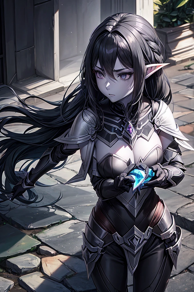 A Female Shadow Elf Paladin with ((Gray Skin)) ((Solid Black Eyes)) and ((Black Hair))