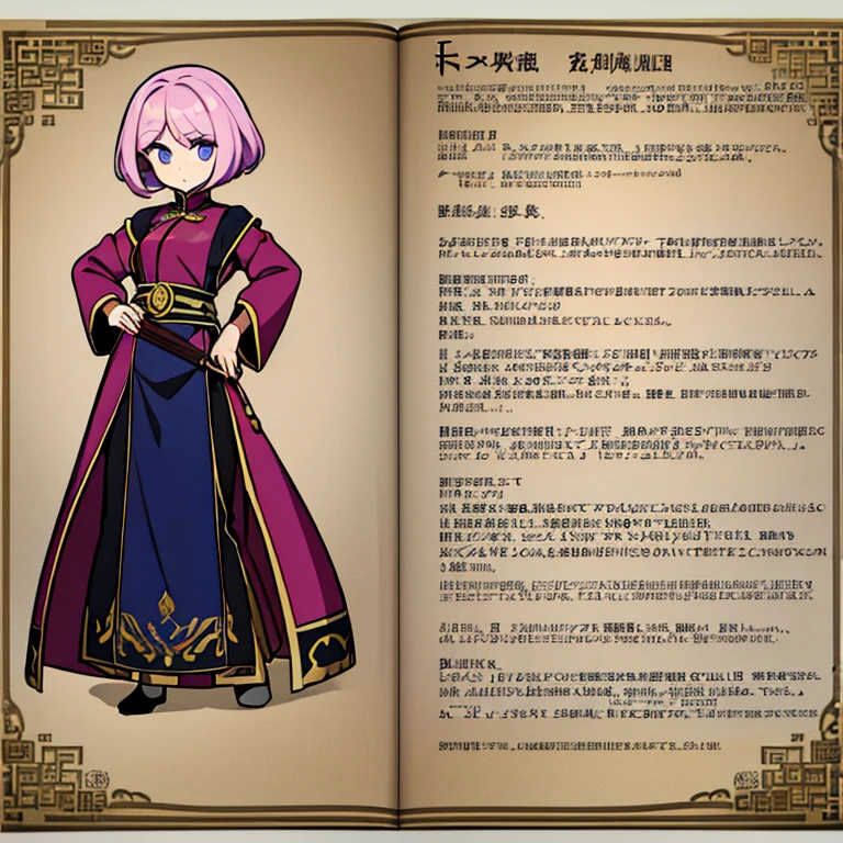 Personagem feminino,cabelo longo,cheio e ondulado de cor castanho escuro, seus olhos castanhos escuro, cor da pele parda, de cores das veste branca, with pink and lilac details, em desenho flores, a female character and is a bomb master who is from china in the medieval period Model sheet.