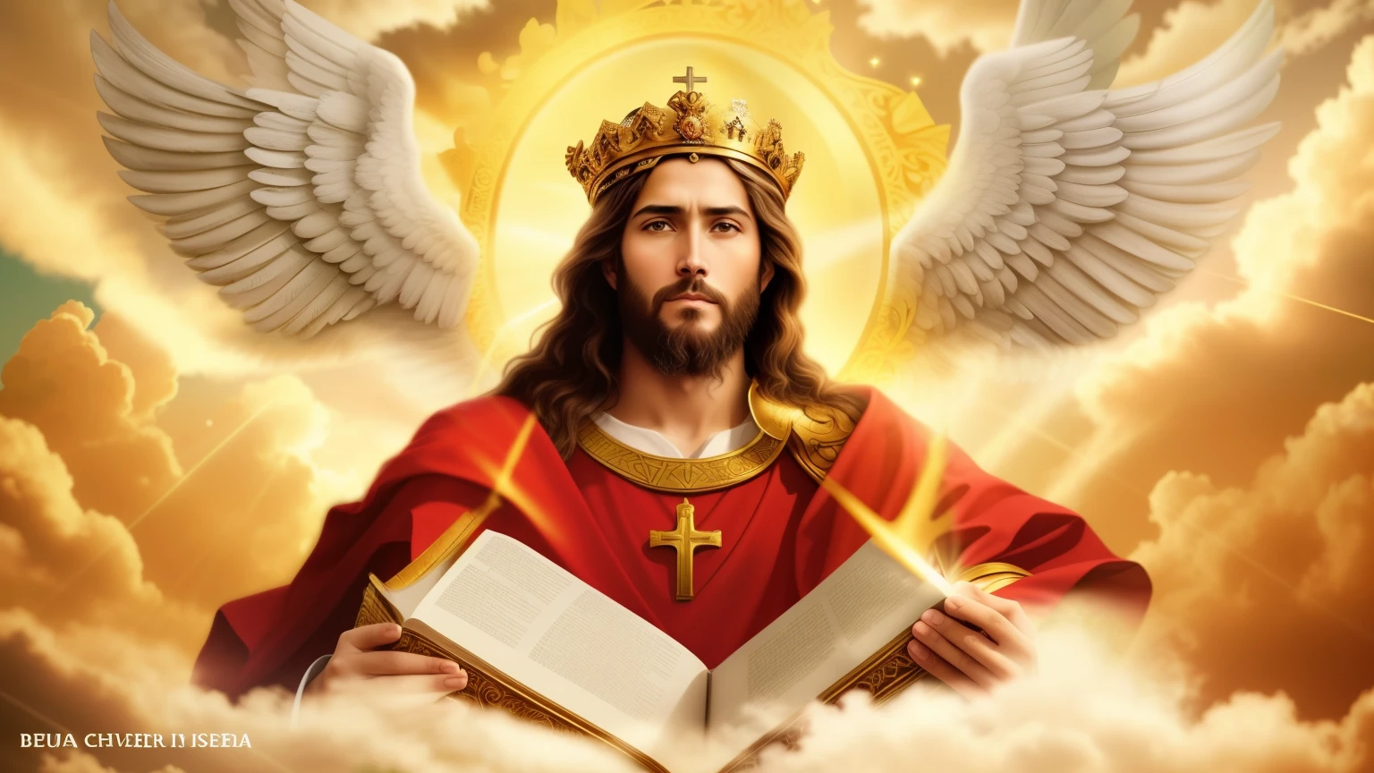 Jesus reading a book with wings in heaven, Rei dos Reis, Jovem Deus Todo-Poderoso, O Deus Imperador da Humanidade, Jesus Cristo, bible illustration, imagens sagradas, O Senhor e Salvador, sentou-se em seu trono, Retrato de um Deus Celestial, imagens religiosas, deus divino, muitas coroas!! upon his head, imagem do avatar, deus imperador, Segunda vinda, KING of Heaven