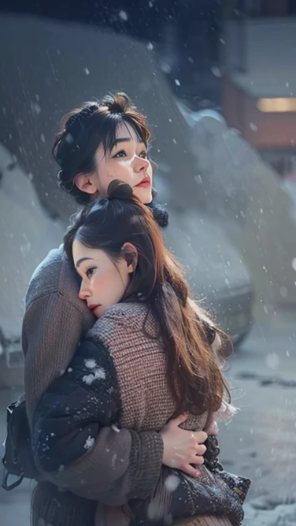 (best quality,4k,8k,highres,masterpiece:1.2),ultra-detailed,(realistic,photorealistic,photo-realistic:1.37),portrait,beautiful faces,perfectly detailed faces,beautiful women,handsome man,model appearance,strong facial expressions,hugging,kissing,winter,snow,snow drifts,flexibility,romance,passion