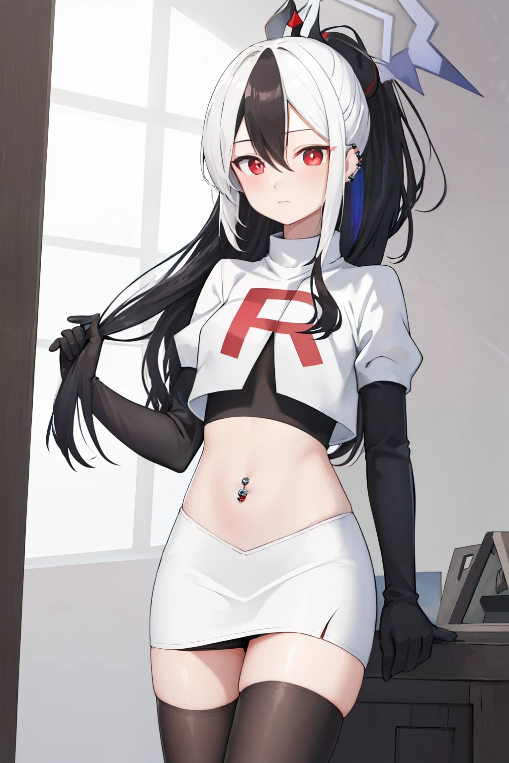 best quality, masterpiece, highres, solo, {kayoko_bluearchive:1.15}, black_hair, multicolored_hair, white_hair, horns, two-tone_hair, red_eyes, bangs, halo, piercing, hair_between_eyes, ear_piercing, ponytail, blush, earclip, long_hair, team rocket,team rocket uniform, red letter R, white skirt,white crop top,black thigh-highs,black elbow gloves
