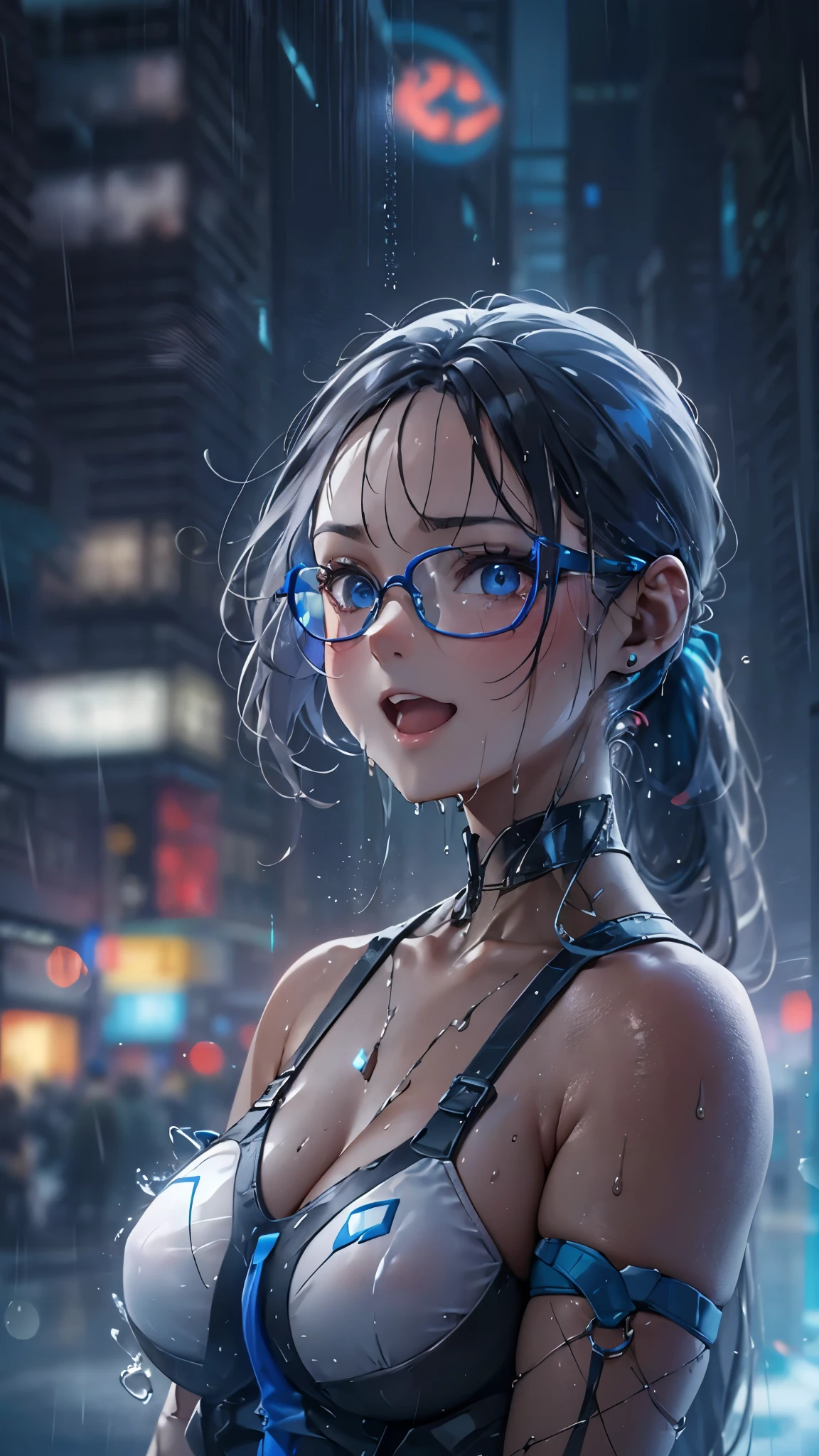 woman,,,city,night,(((white and blue tight miniskirt bodysuit))),(wet with sweat),open mouth smile((See-through))glasses,((beautiful long ponytail)),((Baby girl bo)
