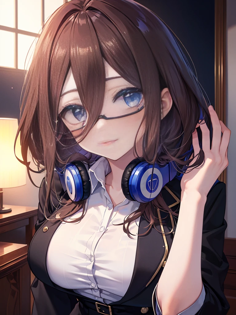 masterpiece, highest quality, 1 girl, (whole body), Miku, (brown hair), shy, blush, (long eyelashes), (beautiful makeup), Amazing eyes,  smile,blue eyes, big breasts , OL, red glasses, Fundo, black suit jacket, collared jacket, white dress shirt, collared shirt, neckline, button, strap, ID card on neck, black pencil skirt, black pantyhose,(masterpiece:1.2), highest quality, High resolution, unity 8k wallpaper, (figure:0.8), (beautiful and fine eyes:1.6), highly detailed face, perfect lighting, Very detailed CG, (perfect hands, perfect anatomy),