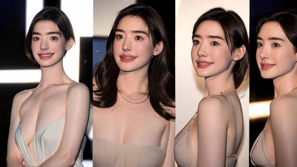 16k super high image quality、looking at the viewer, cinematic lighting, perfection, soft light,((anne hathaway))、((Jennifer Connelly))、 high resolution skins:1.2, realistic skin texture, 20 year old mature woman、small face、pretty big beautiful eyes、A body that attracts the opposite sex、((Micro Bikini画像)),Bust B Cup、((Full body shot))、((Micro Bikini ))、Crystal clear beautiful skin、exposed cleavage, small breasts、short hair, dark brown hair、((Anatomically correct hands and fingers))、、full nude、Black background