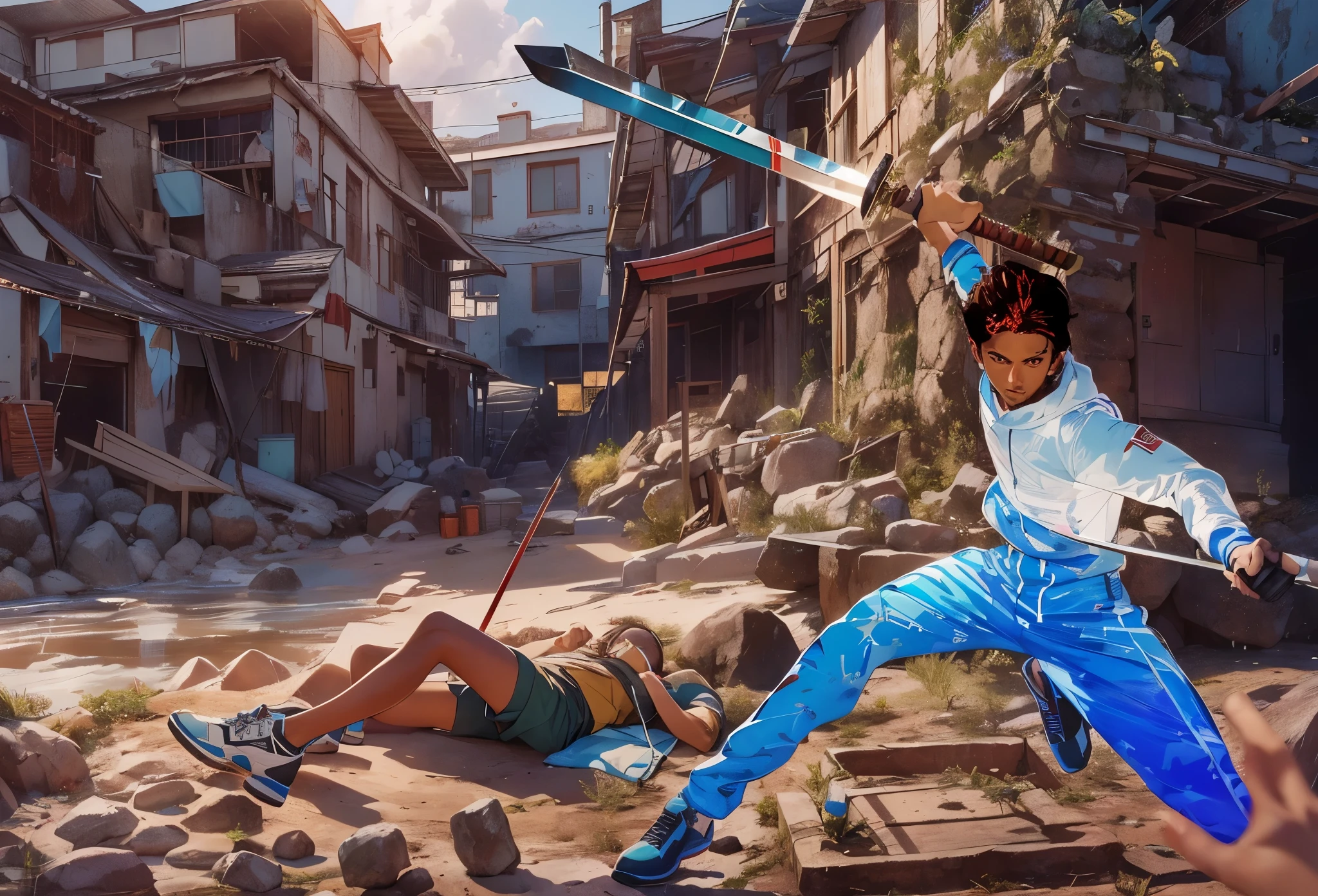 Capture the breathtaking moment as a young, dark-skinned man wearing glasses, dressed in a crisp white windbreaker hoodie, swings katana sword. This RAW masterpiece showcases an ultra-high resolution, photorealistic full-body portrait, illuminated by the warm glow of sunlight. The scene is rendered in the captivating style of mecha sci-fi anime, boasting an impressive 8K resolution for the best quality imagery. Crafted with Unreal Engine 1.4, this piece features ultra-realistic 64K CG, skin texture at 1.4, and volumetric fog to add depth and atmosphere. The details are further enhanced with 8K UHD, DSLR quality, film grain, and the artistic touch of lomography. The result is a stunning blend of high-quality visuals, translucent effects, and photorealism that truly captivates the viewer.
