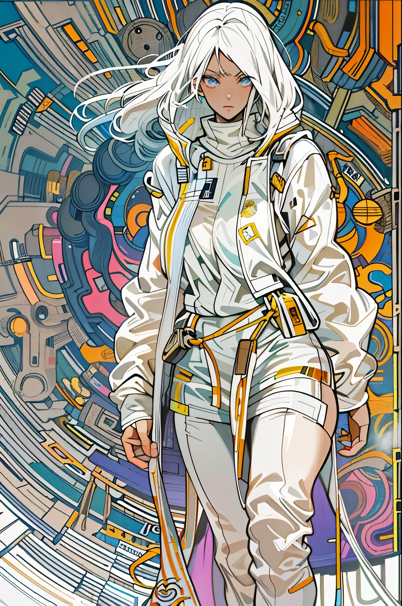 1monk warrior girl with white techwear clothes, white long hair, laces, abstract vintage scifi background, art by Moebius, art by Ashley Wood