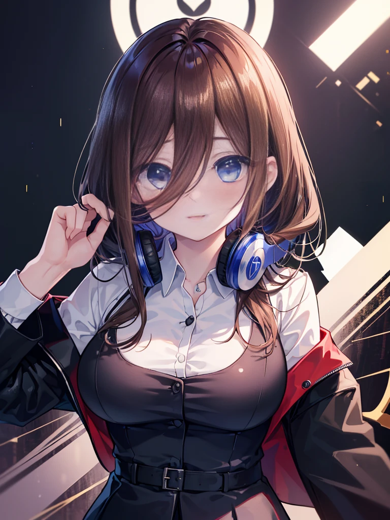 masterpiece, highest quality, 1 girl, (whole body), Miku, (brown hair), shy, blush, (long eyelashes), (beautiful makeup), Amazing eyes,  smile,blue eyes, big breasts , OL, red glasses, Fundo, black suit jacket, collared jacket, white dress shirt, collared shirt, neckline, button, strap, ID card on neck, black pencil skirt, black pantyhose,(masterpiece:1.2), highest quality, High resolution, unity 8k wallpaper, (figure:0.8), (beautiful and fine eyes:1.6), highly detailed face, perfect lighting, Very detailed CG, (perfect hands, perfect anatomy),